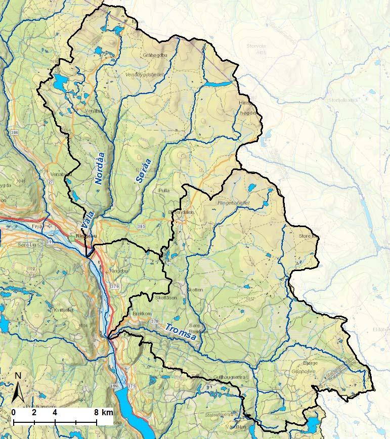 3.11 Våla og Tromsa Våla drenerer et areal på 314 km 2. Vassdraget har to hovedgrener, Nordåa og Søråa, fig 3.
