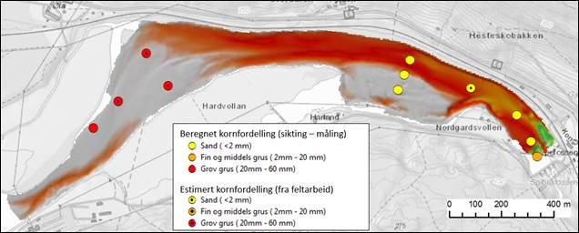 Graderingen ved lokalitet A D er visuelt vurdert til å ha samme egenskaper som lok 21 (Wolman pebble count