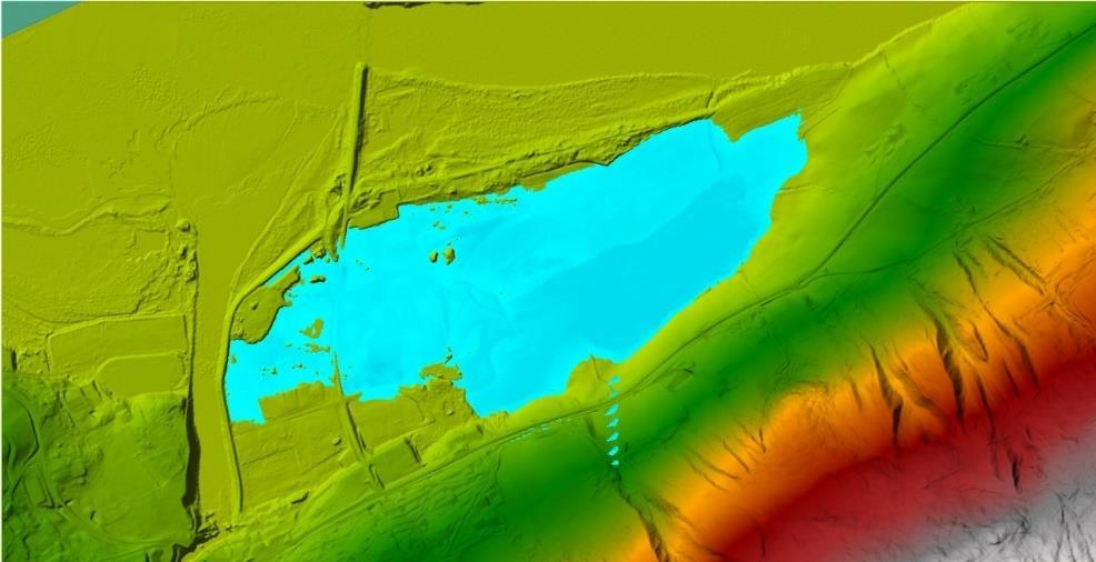 moh. (NN54). Terrengdataen viser at store deler av industriområdet ligger fra til moh. Resultat fra modelleringene tilsier at begge flomscenario treffer industriområdet.