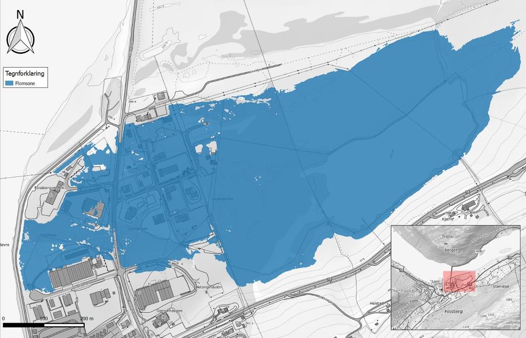 Figur 3.7. Illustrasjon av 200 års flomsone for kombinert snøsmelting og nedbør, tilbakeslagsventil er stengt. Polygon lagt over Norgeskart. 3.3 Lavpunkter Arealer bak flomverket ligger lavere enn den beregnede flomvannstanden i Bøvra men er ikke i direkte kontakt med elva ved en 200-års flom.