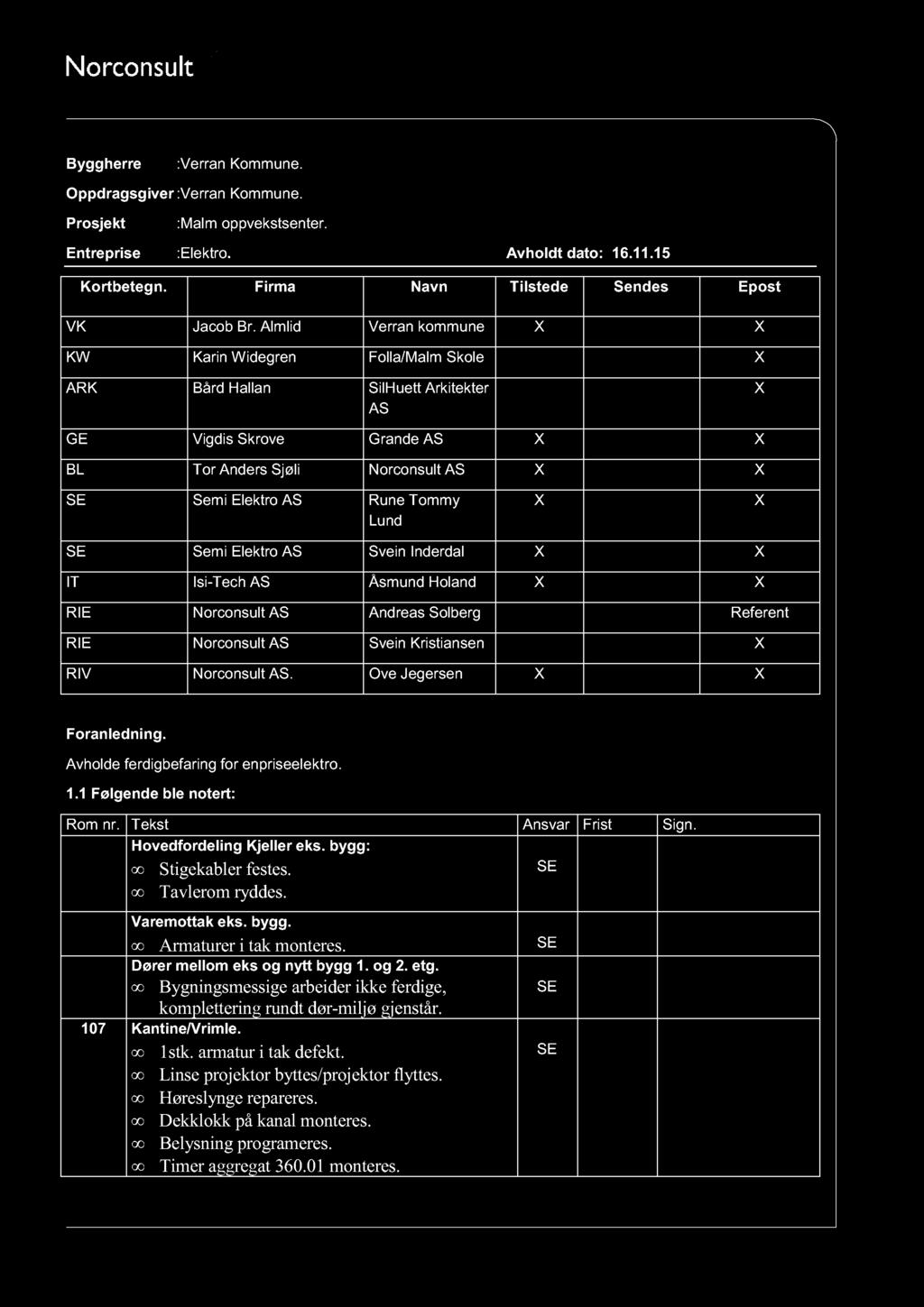 Byggherre :Verran Kommune. Oppdragsgiver :Verran Kommune. Prosjekt :Malm oppvekstsenter. Entreprise :Elektro. Avholdt dato: 16.11.15 Kortbetegn. Firma Navn Tilstede Sendes Epost VK Jacob Br.