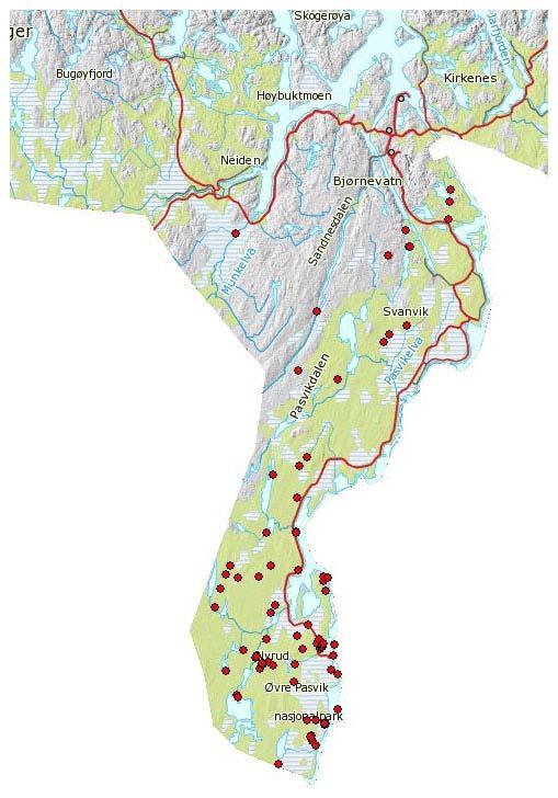 Figur 1. Geografisk lokalisering av alle registrerte prøver fra binnene FI4, FI7, FI19, FI40, FI42, FI43, FI63-MO4 i perioden 2005-2008 i Sør-Varanger kommune (n=167).