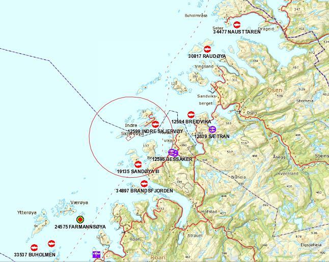 Figur 1. På Fiskeridirektoratets database er det registrert to matfisklokaliteter innen en radius på 5 km fra lokaliteten Flatøyfjorden. Den nærmeste matfisklokaliteten Indre Skjærvøy, ligger ca.