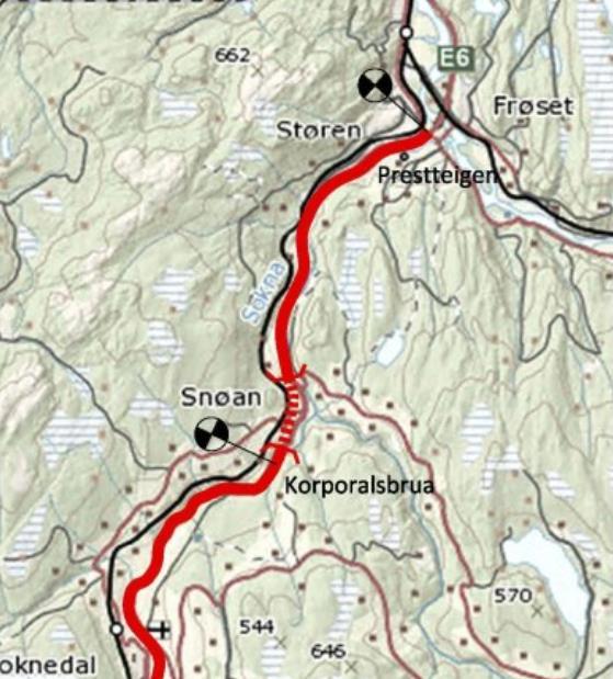 2 Innledning 2.1 Generelt På oppdrag av Statens vegvesen Region midt utarbeider Sweco reguleringsplan for E6 mellom Korporalsbrua og Prestteigen i Midtre Gauldal kommune, ca. 7 km.