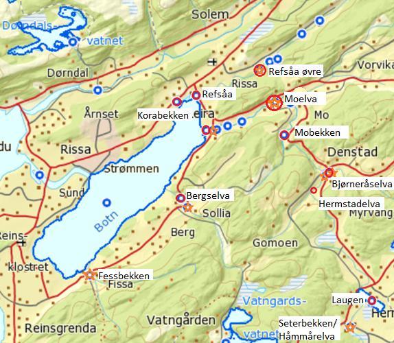 Figur 3: Prøvetakingslokaliteter i nedbørsfeltet til Botn.