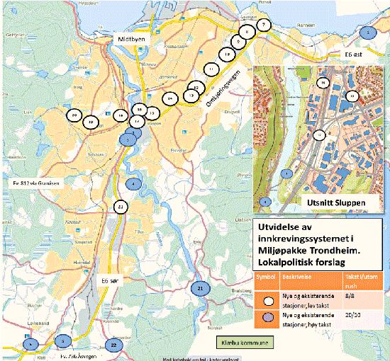 3 Bakgrunnsdata 3.1 Bompengesystemet Figur 4 viser plasseringen av bomstasjonene i Trondheim. Bomstasjonene er fordelt på 7 innkrevingssnitt som vist i fig. 5.