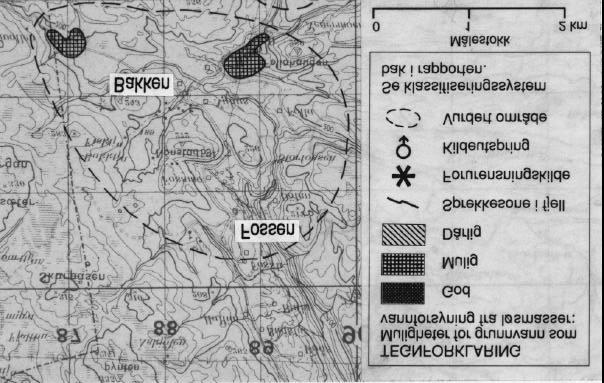 Fig.3. Utsnitt fra kartblad (M711) 1621-I Stjørdal som viser det vurderte området Bakken/Fossen. Vest for Bakken (fig. 3) er det en elveslette som synes lovende med hensyn til grunnvannsuttak.