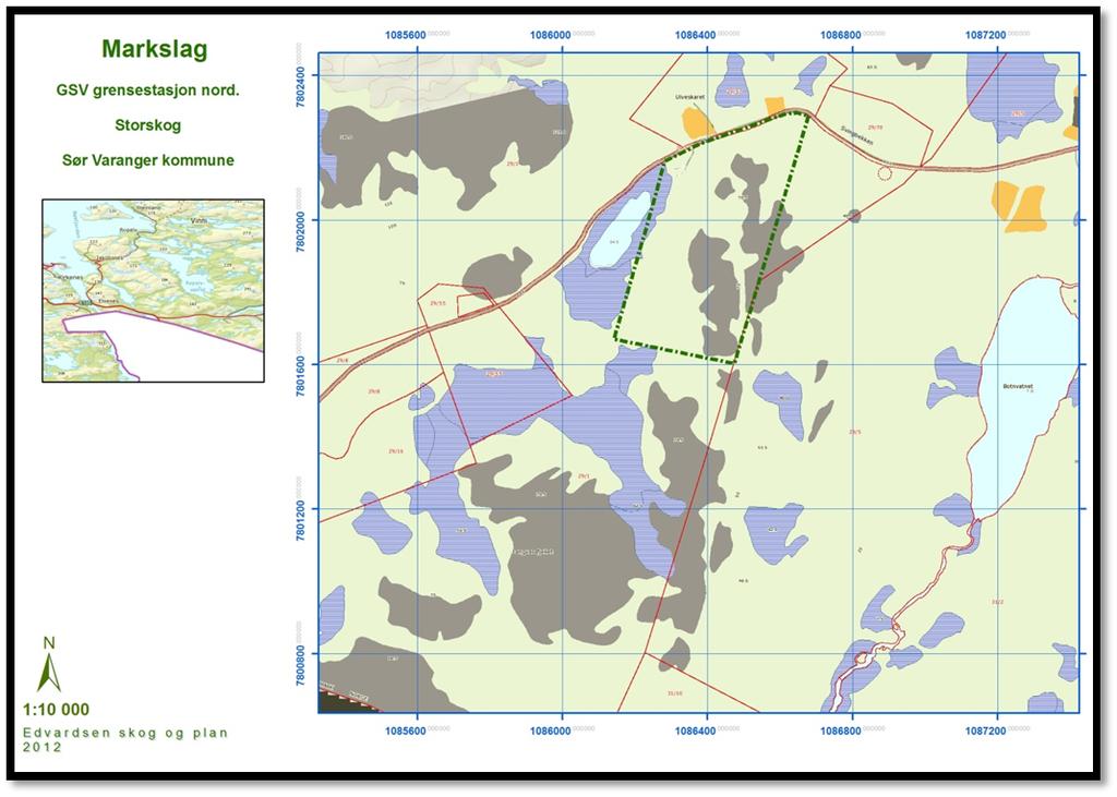14 GSV GRENSESTASJON NORD, SØR-VARANGER KOMMUNE Det mest omfattende markslaget i kartlagt område er uproduktiv skog.