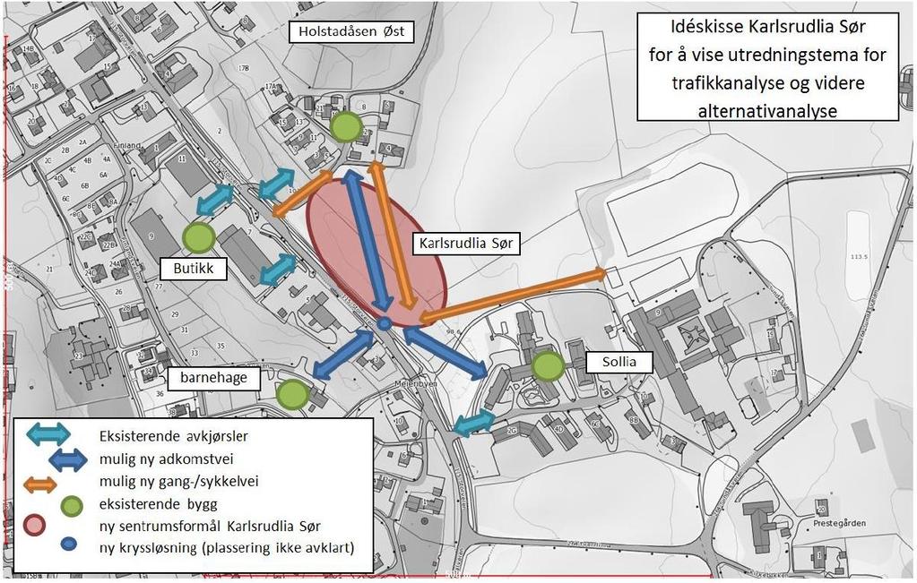 Figur : Bilde viser skisse med innspill til mulige er sentrumsformål Karlsrudlia sør. 5.