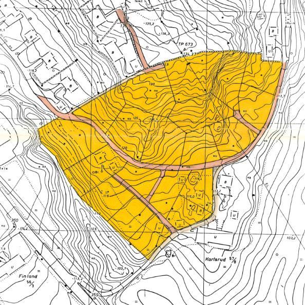 Utklipp: illustrasjon og reguleringsplan for Holstad-Karlsrud 19830001 Grunneiere viser til beliggenhet av tomtene med lett tilgjengelige infrastruktur, vei, vann og avløp. Eiendommer med bruksnrs.