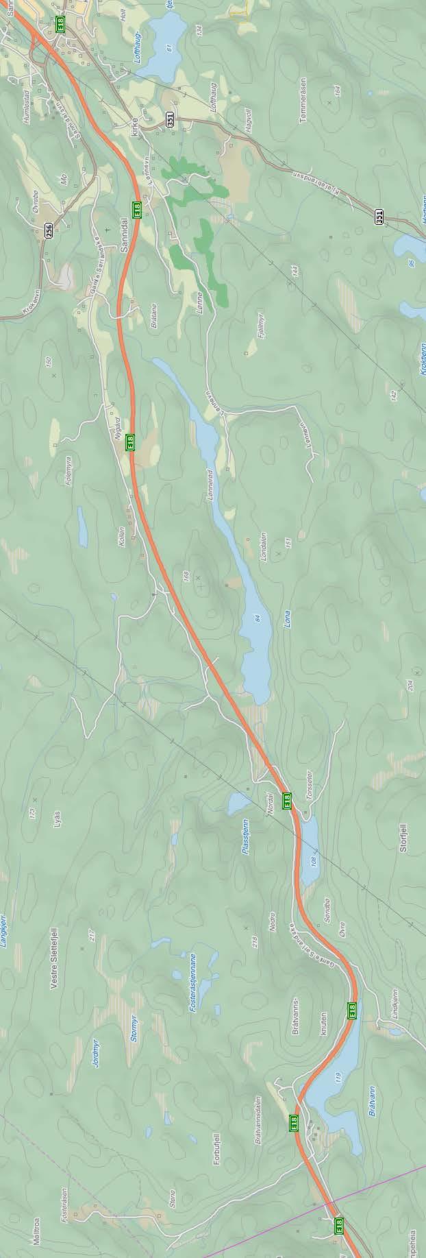 Figur 1: Kartutsnitt av aktuelt område fra Tangen i øst til Aust Agder grense i vest.