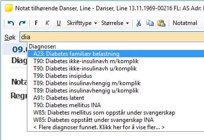 Side 4 Etter at du har valgt ønskede diagnoser listes de over Notat-feltet: Søkefeltet lar deg også søke på notatmaler, dette er nærmere beskrevet i neste kapittel.
