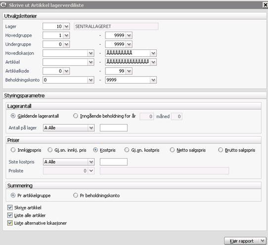 Lagerverdiliste Meny: Rapporter>Artikler>Artikkel lagerverdiliste Lagerverdilisten brukes til å finne verdien av beholdningen på lageret ditt.