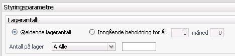 Styringsparametere: Dersom du tar ut rapporten ved månedens slutt før du har begynt å registrere inngang eller utgang på ny måned vil det være riktig å velge Gjeldende lagerantall.