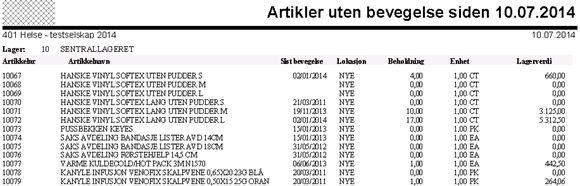 Rapporten viser alle artikler som ikke har hatt noen bevegelse siden angitt dato, og kan kjøres med utvalg på fra-til lager, hoved- og undergruppe og