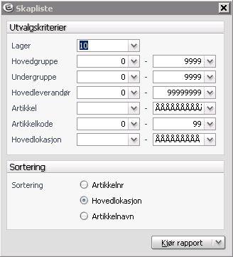 Skapliste Meny: Rapporter>Artikler>Skapliste Denne rapporten viser hvilke artikler og hvilke mengde pr artikkel samt lokasjonen på lagrene som blir forsynt via funksjonaliteten Aktiv Forsyning.
