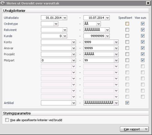 Oversikt over vareuttak Meny: Rapporter>Salg>Oversikt over vareuttak Rapport viser hvor mye som er utfakturert i beløp.