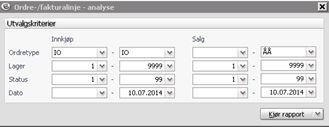 Rapporten skriver ut innkjøpsordrene som har status 'Venter på varemottak' eller 'Under varemottak'. Det er derfor viktig at du kun angir det utvalget av innkjøpsordre som du ønsker utskrift av.