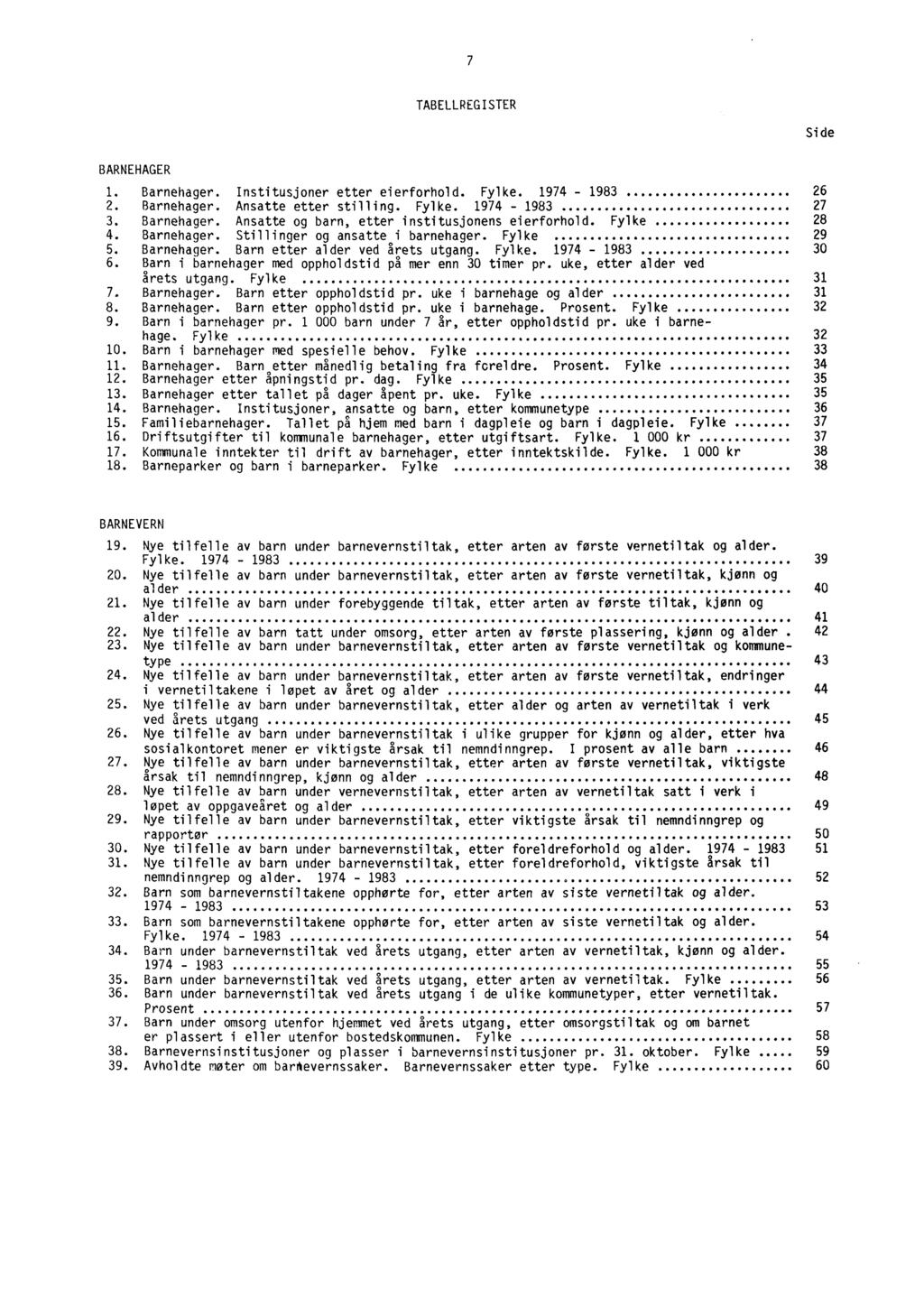 7 TABELLREGISTER Side BARNEHAGER 1. Barnehager. Institusjoner etter eierforhold. Fylke. 1974-1983 26 2. Barnehager. Ansatte etter stilling. Fylke. 1974-1983 27 3. Barnehager. Ansatte og barn, etter institusjonens eierforhold.