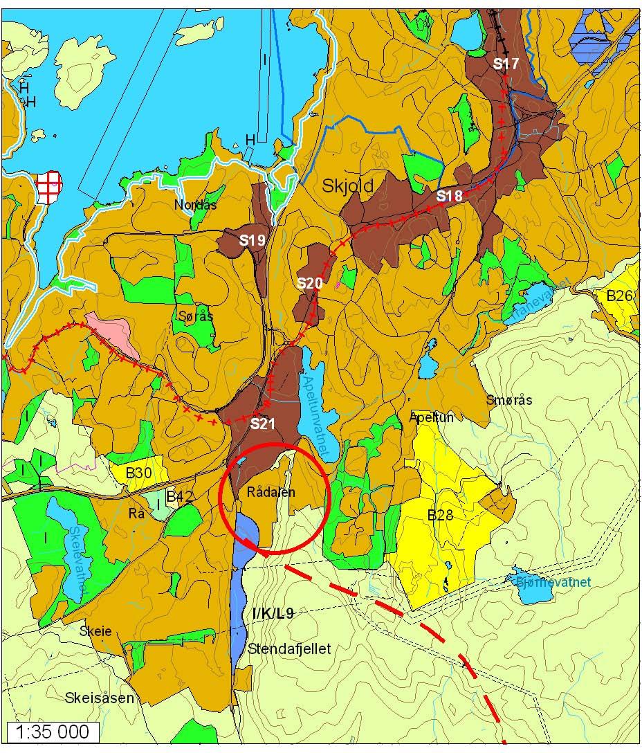 Endring nr. 29 Rådalen B29 Endret fra Bolig og Senterområde til Byggeområde og LNF i hht. vedtatt reguleringsplan.