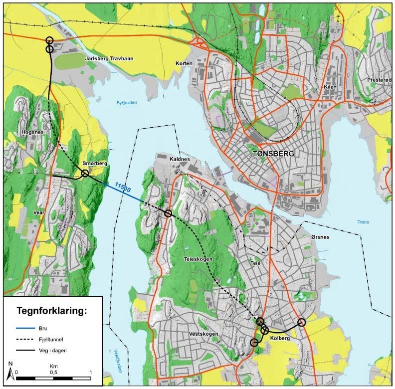 5.3.3 Korridor 1, Alternativ 11 500 Høy bru/tunnel Ramberg Smørberg Alternativ 11500 går i fjelltunnel fra Kolberg til Munkerekkeveien/ Ramdalveien, som passeres i dagen. Her vil det bli kryss i plan.