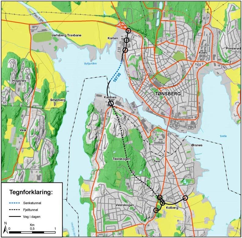 5.3.7 Korridor 2, alternativ 16 730 Åpen spunt/kort undersjøisk tunnel Kaldnes Nord for Slottsfjellet Alternativ 16730 går i fjelltunnel fra Kolberg til Kaldnes, som passeres i dagen.