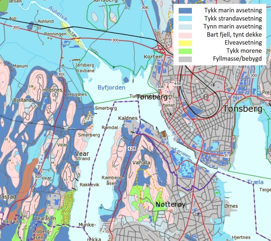 Figur 6 2. Kart over løsmasser i influensområdet og et større område rundt Tønsberg. Hentet fra NGUs løsmassekart. 6.3 Influensområde Mens planområdet er området som fysisk kan bli berørt av tiltaket, utgjør influensområdet et større område utenfor selve planområdet.