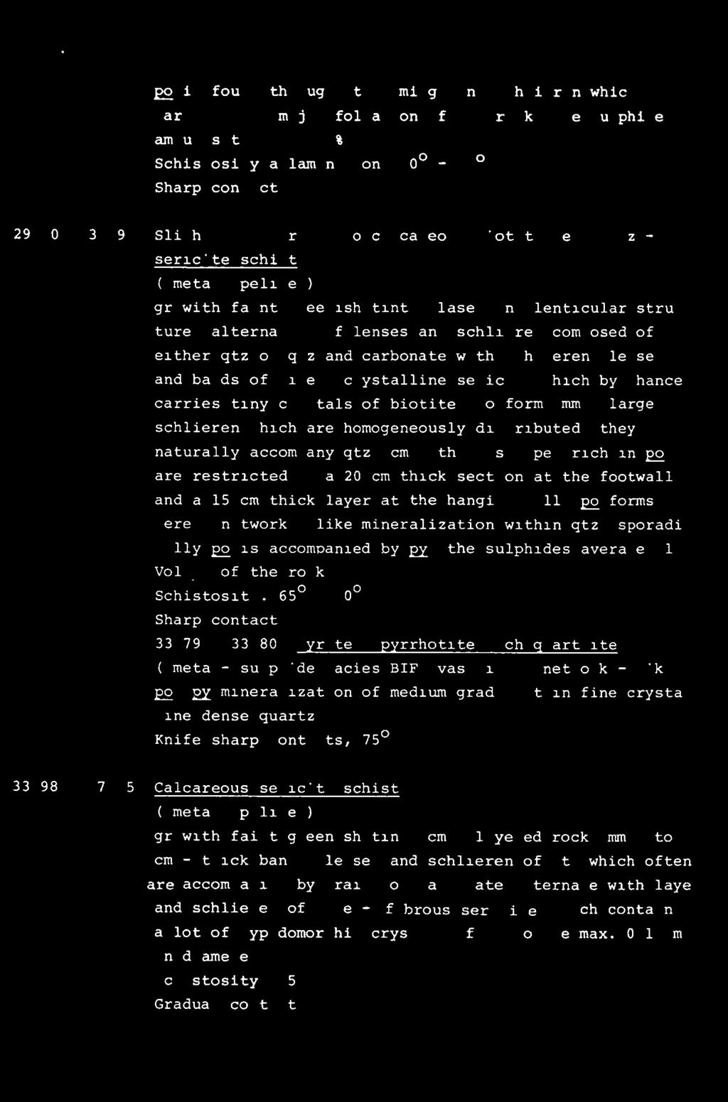 FOLLDALVERKAA - 3 avd. Tverrfjella 22 is found throughout forming tiny schlieren which parallel the major foliation of the rock, the sulphide amounts to< I Vol.-%. Schistosity a.lamination: 500-65.