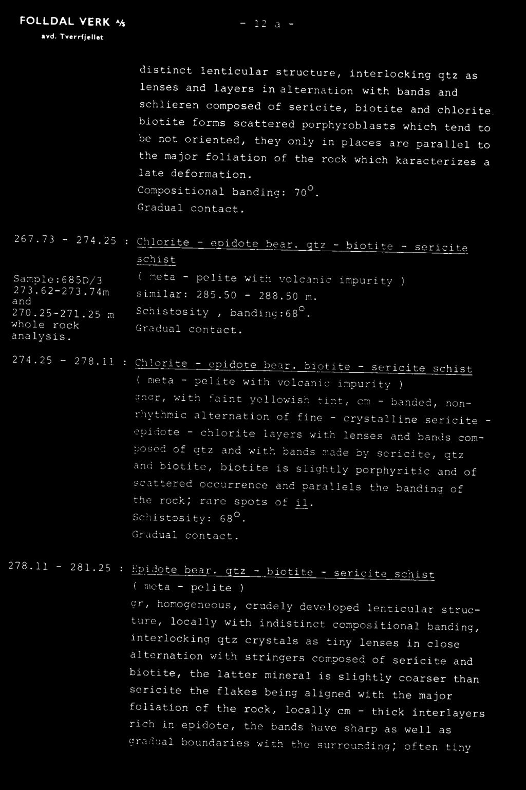 25 m Schistosity, banding:68. whole rock Gradual contact. analysis. 274.25-278.11 : Chlorite - e idote bear.
