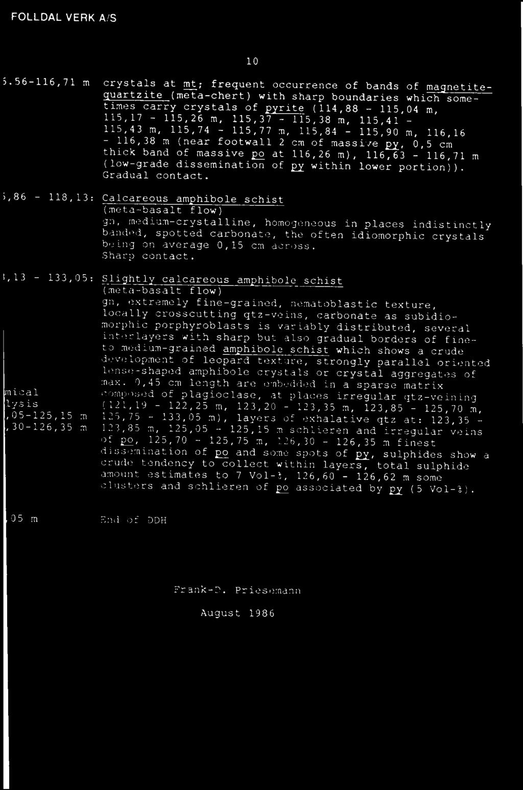 i,86-118,13: Calcareous am hibole schist (meta-basalt flow) gn, medium-crystalline, homogeneous in places indistinctly banded, spotted carbonate, the often idiomorphic crystals being on average 0,15