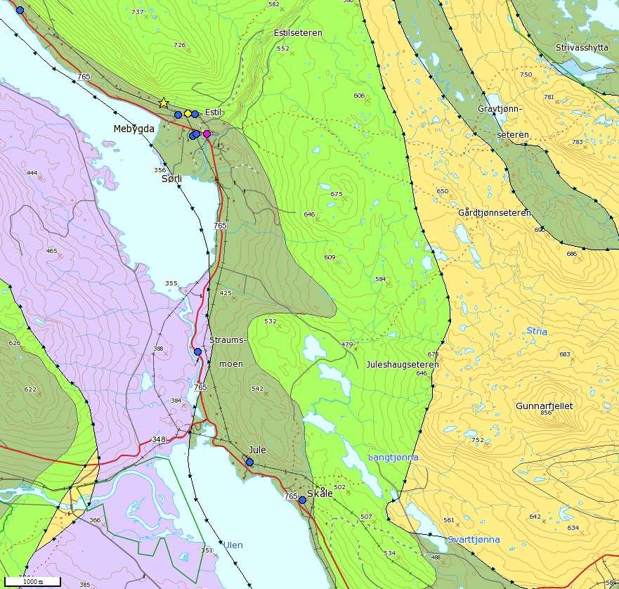 Grunnvannsundersøkelser ved Jule i Lierne kommune 7 Berggrunnen består av rhyolitt i vest og glimmerskifer/amfibolitt i øst.