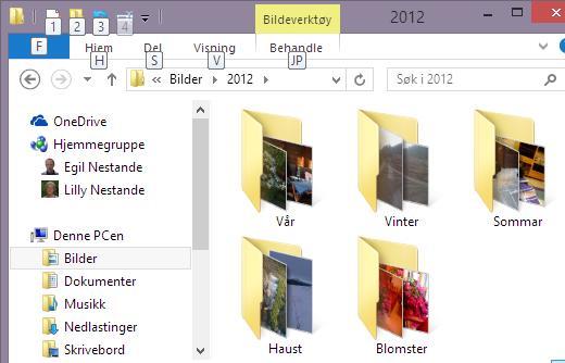 Du vil hugse frå Opprydding i biblioteket at Windows har eit system med mapper for dokument, for bilde og for musikk og video.