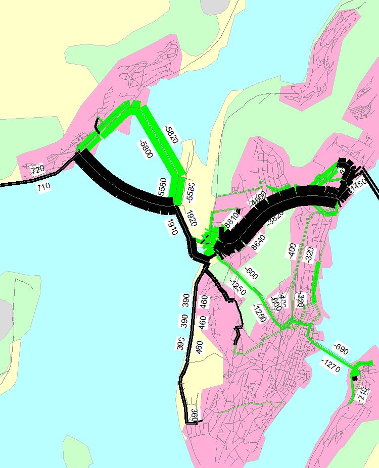 Figur 12 Trafikken (ÅDT) ved utbygging av alternativ 2 sammenlignet med dagens vegnett i 2014.