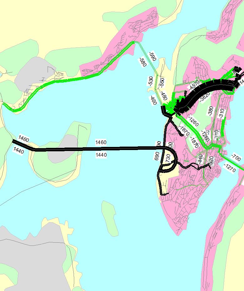 Figur 20 Trafikken (ÅDT) ved utbygging av alternativ 4 sammenlignet med dagens vegnett i 2014.