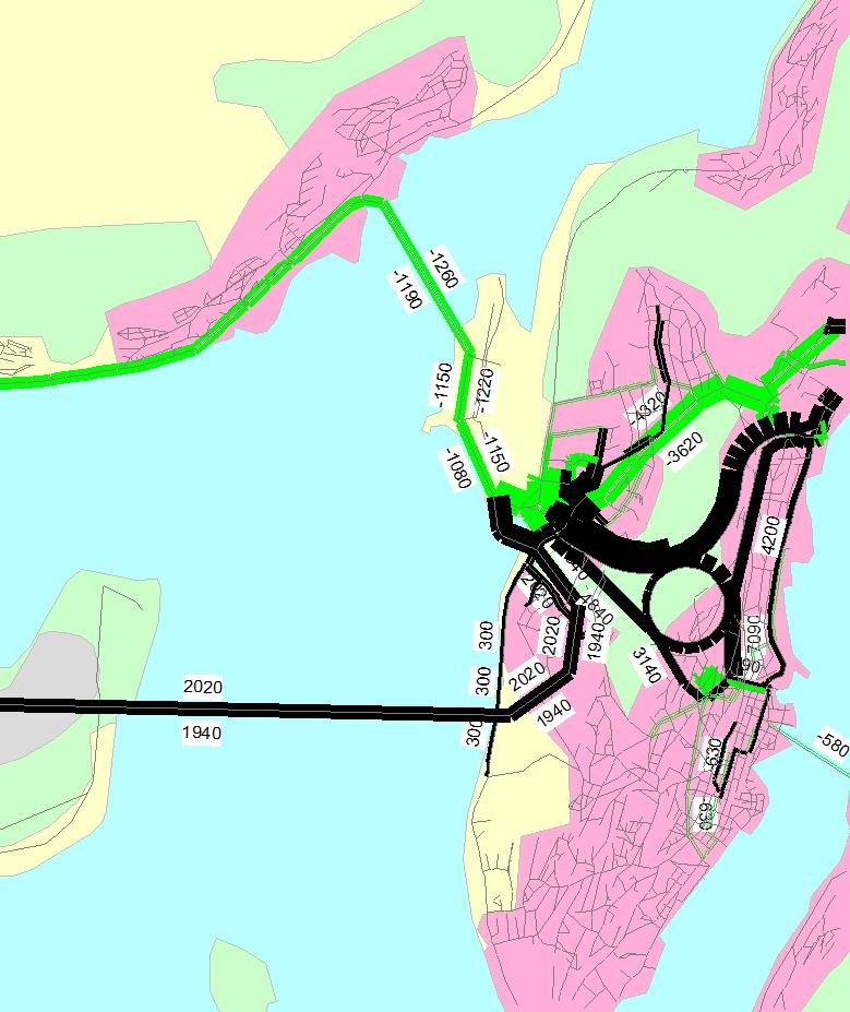 Figur 33 Trafikken (ÅDT) ved utbygging av alternativ 7 sammenlignet med dagens vegnett i 2014.