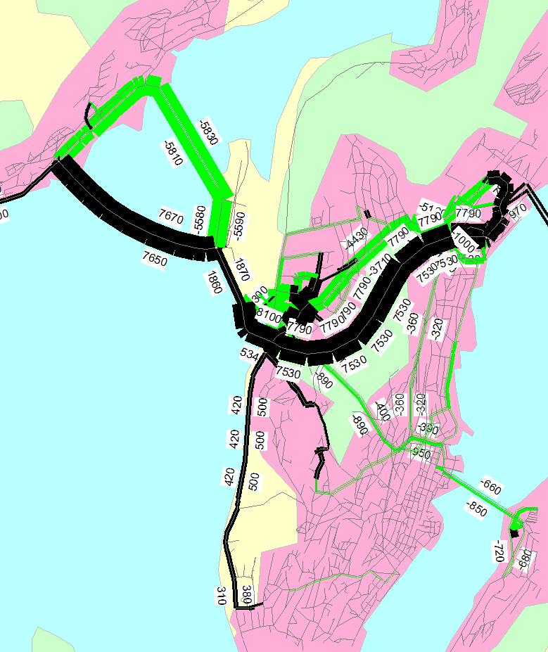 Figur 44 Trafikken (ÅDT) ved utbygging av alternativ 10 sammenlignet med dagens vegnett i 2014.