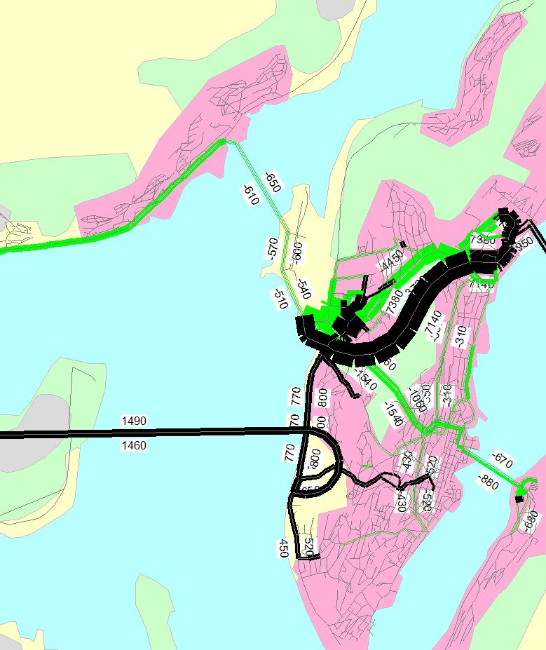 Figur 52 Trafikken (ÅDT) ved utbygging av alternativ 12 sammenlignet med dagens vegnett i 2014.