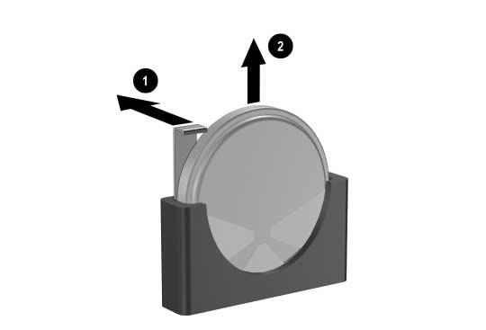 Skifte batteri Type 3 a. Trekk klemmen 1 som holder batteriet på plass, bakover, og fjern batteriet 2. b. Sett inn det nye batteriet, og sett klemmen tilbake i stilling.