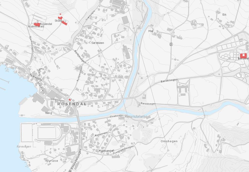 Situasjonskart over Rosendal hvor viktige byggverk, samt Gamleposten er