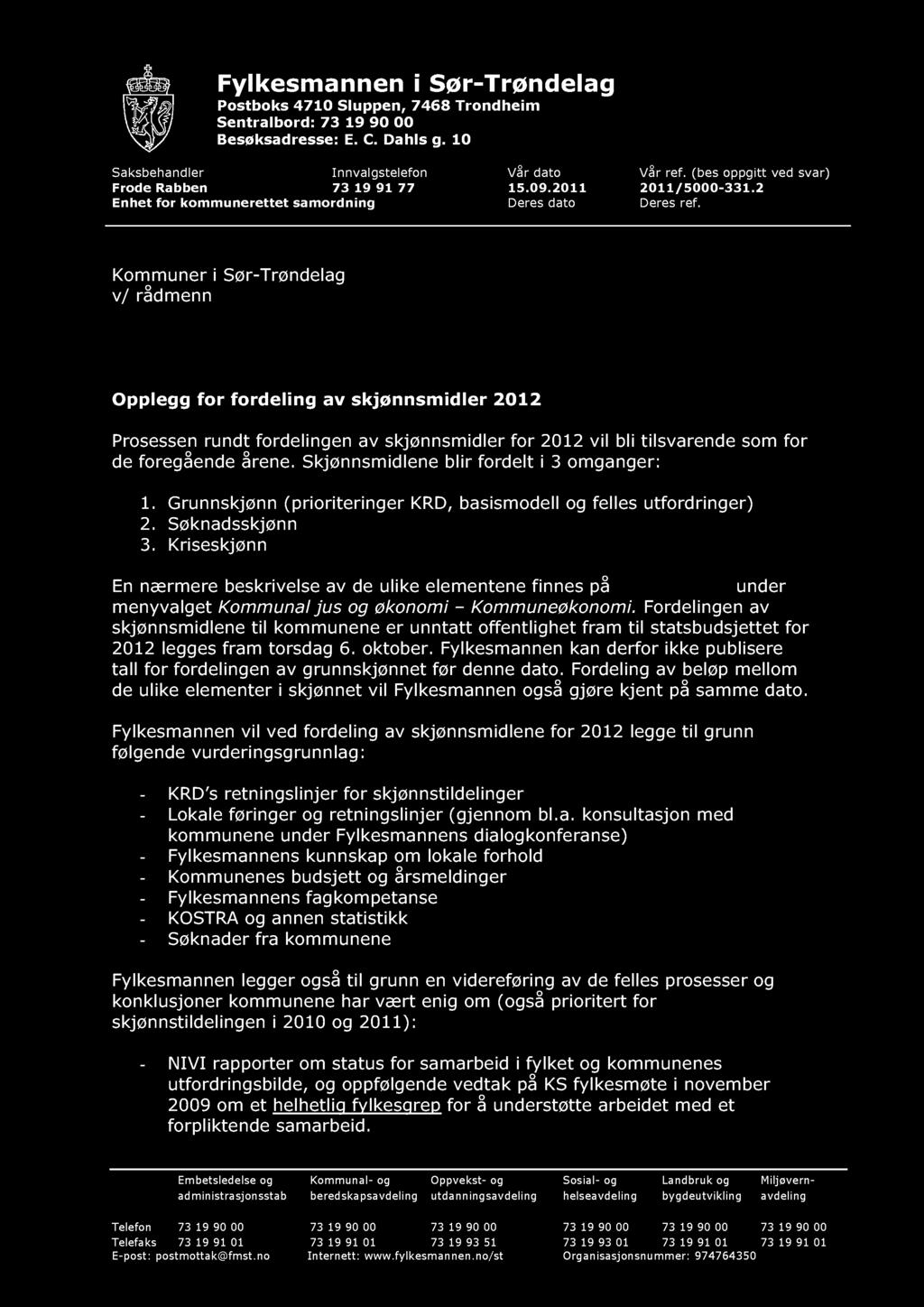 Fylkesmannen i Sør - Trøndelag Postboks 4710 Sluppen, 7468 Trondheim Sentralbord: 73 19 90 00 Besøksadresse: E. C. Dahls g. 10 Saksbehandler Innvalgstelefon Vår dato Vår ref.