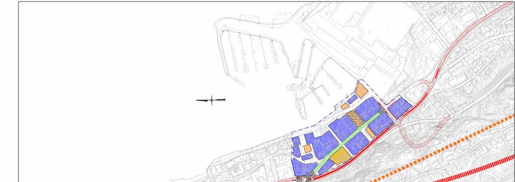 Hovedtrase for gående og syklende i eksisterende jernbanetrase mellom sentrumskjernen og ny stasjon, samt gågate i Langgata. 2.