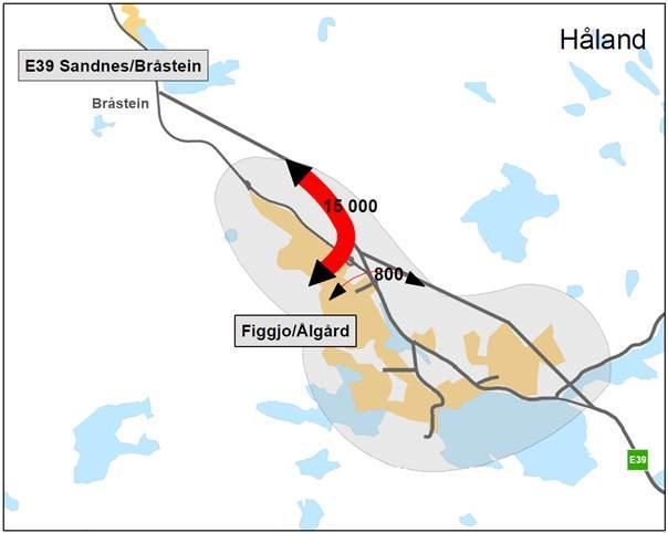 E39 Ålgård-Hove Tilleggsutredning delområde B - Håland Figur 2.10. Trafikkandel til og fra Ålgård ved nytt kryss ved Håland i 2040. Hovedvekten vil være trafikk til og fra nord.