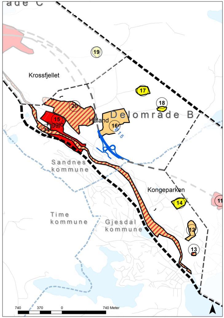 E39 Ålgård-Hove Tilleggsutredning delområde B - Håland Figur 3.10. Verdikart med alternativ B9. Figur 3.11. Verdikart med alternativ B15. 3.3.2 Omfang og konsekvensvurdering Tabell 3.8.