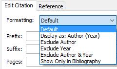 B) Fjern forfatternavn eller årstall fra henvisning in teksten Under Formatting kan du velge om du vil ha forfatter og årstall med i referansehenvisningen.