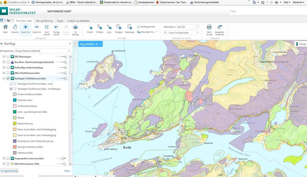 Utdrag fra naturbase. Salten friluftsråd var tidlig ute med friluftslivskartleggingen og resultatene er lagt inn i Miljødirektoratets naturbase.