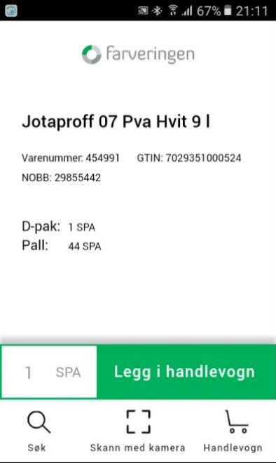 Produktsiden Når du har skannet et produkt får du opp produktsiden med informasjon. D-pak antallet vil komme opp som forslag.