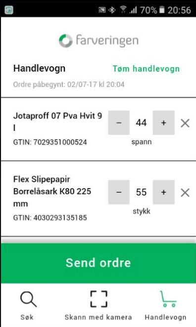 Når du har lagt til alle varene i bestillingen går du til handlevognen ved å trykke på handlevognen nederst til høyre i menyen.