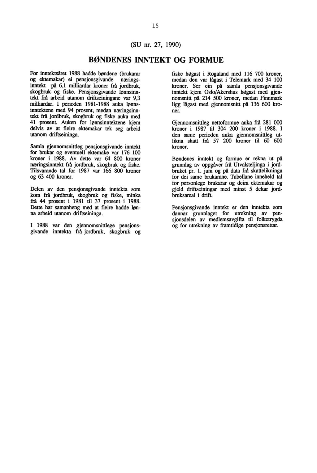 15 (SU nr. 27, 1990) BØNDENES INNTEKT OG FORMUE For inntektsåret 1988 hadde bøndene (brukarar og ektemakar) ei pensjonsgivande næringsinntekt på 6,1 milliardar kroner frå jordbruk, skogbruk og fiske.