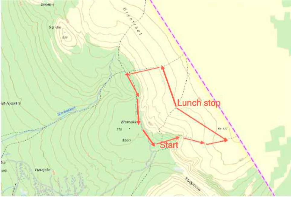 Figur 1: Kart over traseen til Fulufjellsrøya i Fulufjellet nasjonalpark. Traseen går langs Brynflået sør i nasjonalparken.