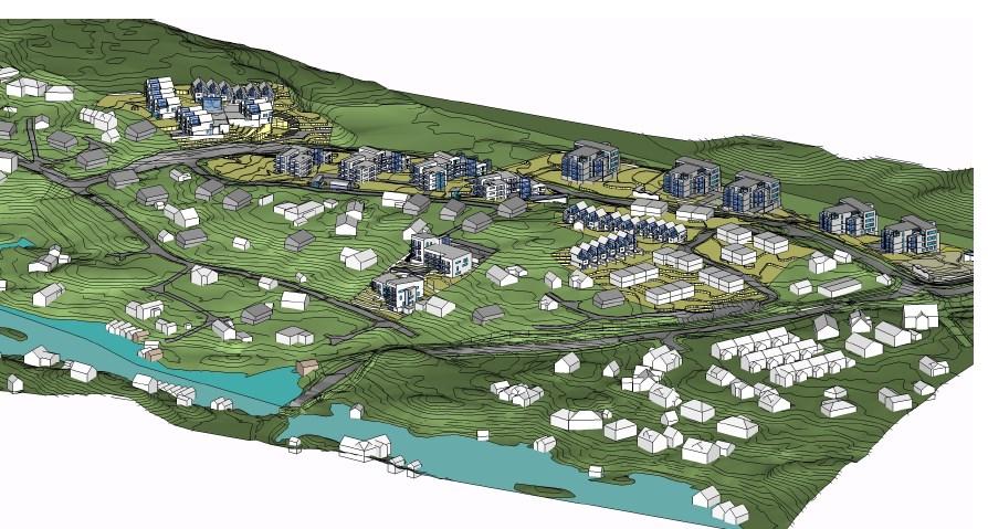 3D perspektiv sett fra sør. Gjeldende planer I kommuneplanenes arealdel 2010 ( KPA2010), stadfestet av Miljøverndepartementet 24.4.2013, er området i hovedsak avsatt til byggeområde.